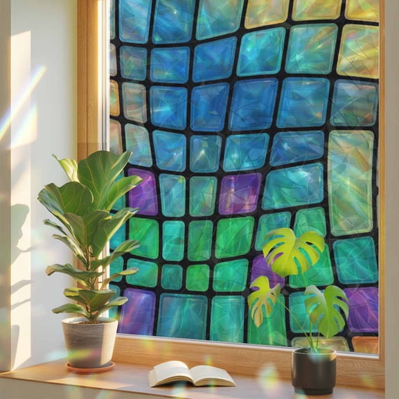 Abstract Colored Plaid Window Privacy Film, Gradient Grid Gemstone Modern Futuristic Stained Glass Rainbow Film Decorative Window Clings, Static Cling Sun Blocking Stickers 23.6" x 59"