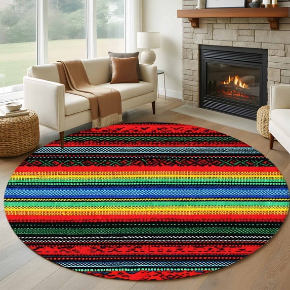 Abstract Colored Round Living Room Rugs 7 ft, Stripes Ethnic Style Modern Art Washable Area Rug with Non-Slip Sturdy Edge Binding Round Carpet for Kitchen Office Bedroom