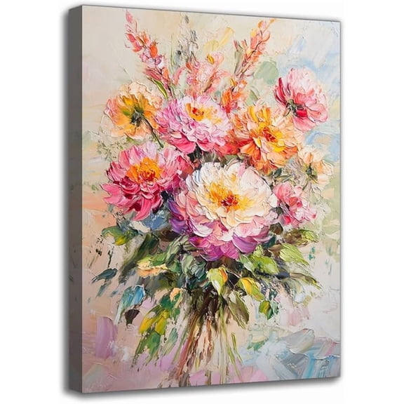 Abstract Colorful 3D Floral Canvas Wall Art Print - Framed Modern Full Bouquets Art Oil Painting, Wall Decor For Living Room Bathroom Bedroom Spring/Summer Room Decoration
