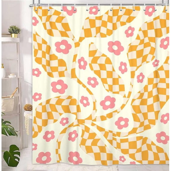 Abstract Colorful Aesthetic Shower Curtain, Vintage Retro Checkerboard Floral Botanical Geometric Aesthetic Bathroom Decor Shower Curtain, Groovy Teen Girls Shower Curtain Set, with Hooks, 70X70IN(B)