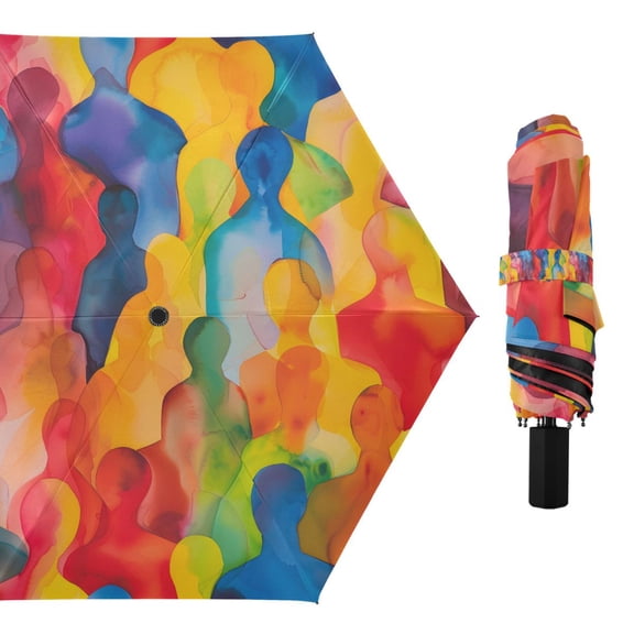 Abstract Colorful Art Crowd Compact Sun Umbrella Windproof Travel Umbrellas for Rain Strong Portable UV Protection