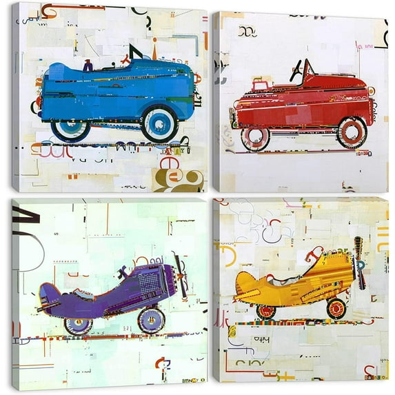 Abstract Colorful Car Wall Art Kids Room Decor Watercolor Race Car Plane Pictures for Boys Bedroom Toddler Cartoon Vehicle Theme Posters Paintings Playroom Nursery Artwork Home Decorations 12x12” 4Pcs