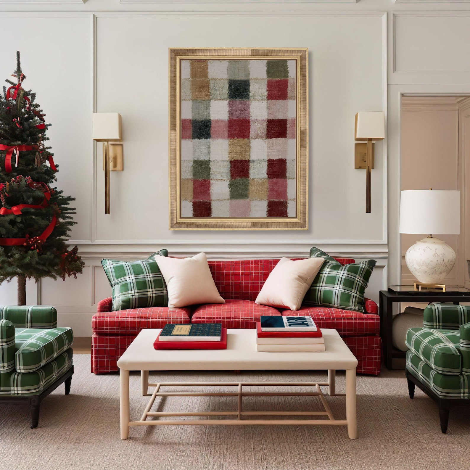Abstract Colorful Christmas Print, Vintage Christmas Plaid Art, Moody ...