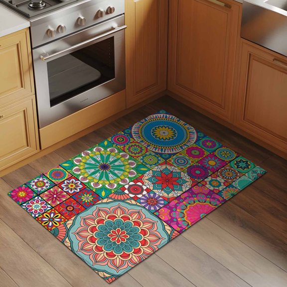 Abstract Colorful Floral 2x3 Rug for Entryway Front Door Kitchen Sink Area, Ethnic Style Countryside Flowers Low Pile Washable Non Slip Rectangle Area Rug