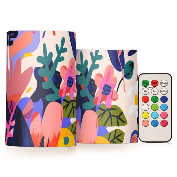 Abstract Colorful Floral Paint Art Flickering Flameless Candles LED Tealight Battery Operated with Remote Set of 2 Holiday Decor Ornaments