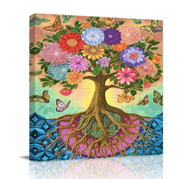 Abstract Colorful Flower Canvas Wall Art for Living Room, Root Life Tree Butterfly Retro Watercolor Poster Print Painting for Bedroom Office Home Decoration Wall Pictures Prepare To Hang 8"x8"