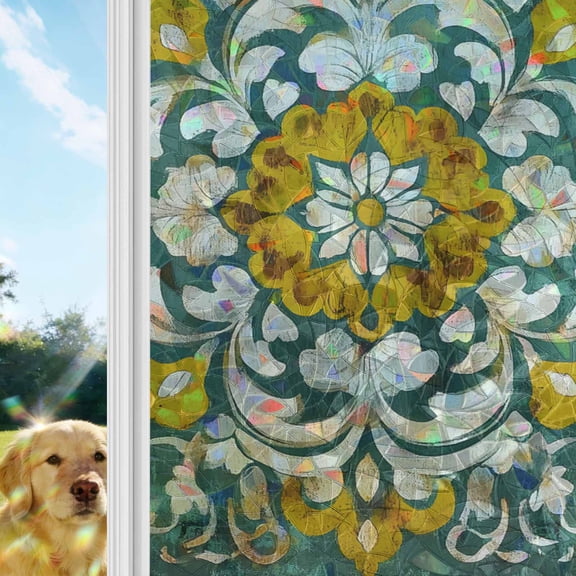 Abstract Colorful Flower Rainbow Window Privacy Film, Vintage Boho Floral Stained Glass Window Film, Sun Blocking Glass Clings Static Cling Non Adhesive Door Stickers 23.6 x 59 Inches