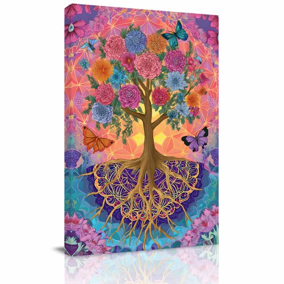 Abstract Colorful Flower Tree Canvas Wall Art for Living Room, Retro Watercolor Butterfly root Poster Print Painting for Bedroom Office Home Decoration Wall Pictures Prepare To Hang 22"x28"