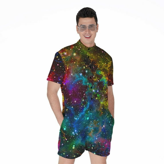 Abstract Colorful Galaxy Space Short Sleeve Men'S Rompers Casual Summer Jumpsuits Outfit