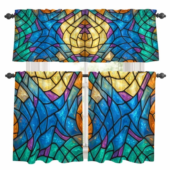 Abstract Colorful Glass Kitchen Curtains and Valances Set, Blue-Purple Cracked Texture Crystal 3 Piece Curtains Valances and Tiers Set Rod Pocket for Kitchen Bathroom Windows 24 Inch