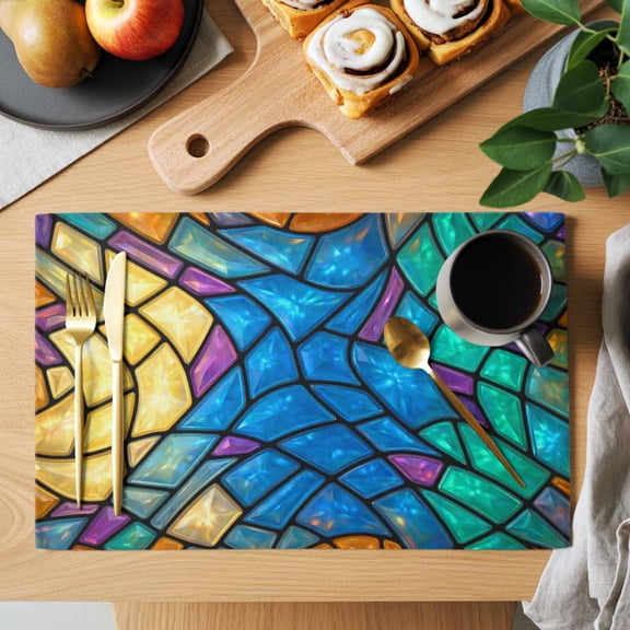 Abstract Colorful Glass Placemats Set of 1, Blue-Purple Cracked Texture Crystal Heat Insulated Linen Place Mats, Washable Stain-Proof Table Mats for Dining Tables Holiday Decor 13x19 Inches