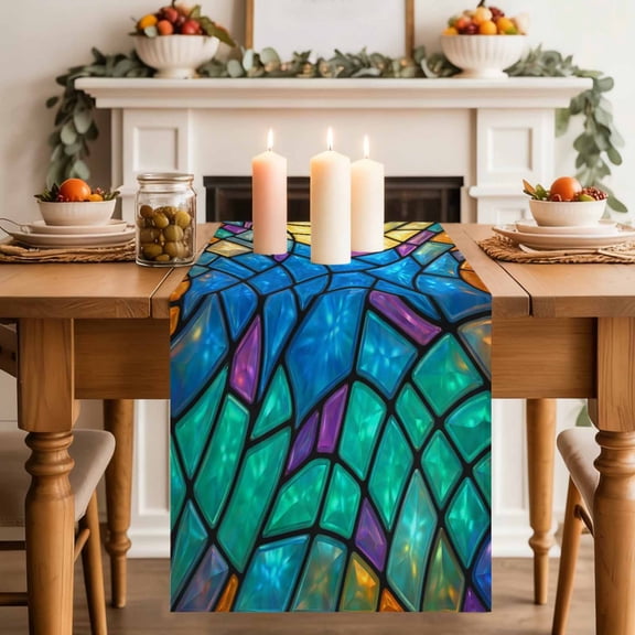 Abstract Colorful Glass Table Runner, Blue-Purple Cracked Texture Crystal Washable Cotton-linen Table Runners Dining Kitchen Decoration for Everyday Home Wedding Party Decor, 13 x 36 Inch