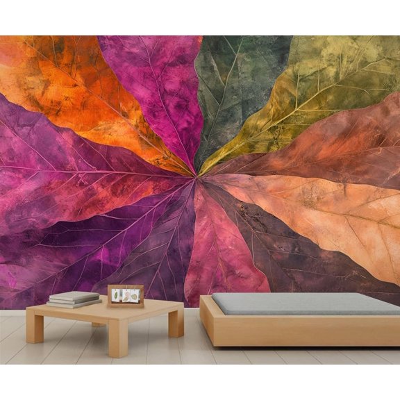 Abstract Colorful Gradient Leaves Wall Mural, Marble Texture Mural Wallpaper, Nordic Art Large Wallpaper For Bedroom Living Room Dining Room Wall Decor 158"W x 110"H (Not Peel and Stick)