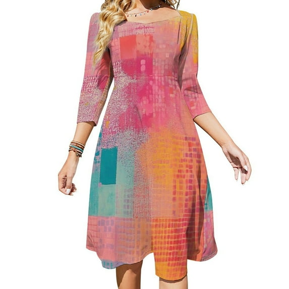 Abstract Colorful Gridded Artwork Women's Fall Dresses Casual Loose Flowy Swing Shift Dress