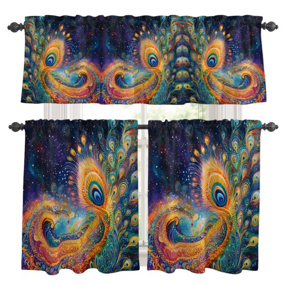 Abstract Colorful Kitchen Curtains Valance and Tier Set Peacock Feather Gradient Universal Rod Pocket Short Curtains for Small Window 3 Pieces Set for Bedroom Bathroom Cafe (54" x 18"+27" x 36")