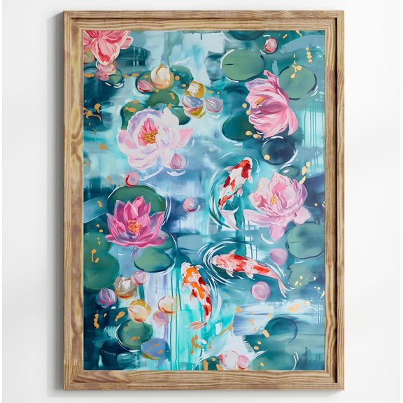 Abstract Colorful Koi Fish Animal Wall Art Print Pond Print Impressionist Green Fish Pond Bathroom Wall Art Maximalist Art