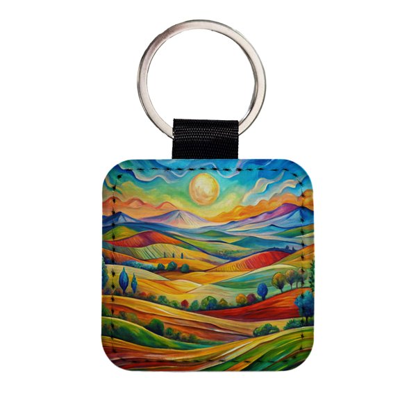 Abstract Colorful Landscape Faux Leather Square Keychain