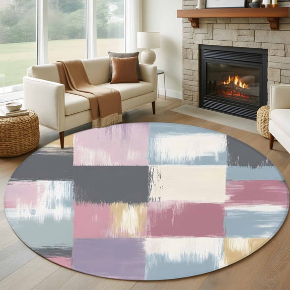 Abstract Colorful Large Round Rug 8 FT, Non Slip Living Room Area Carpet, Modern Geometric Grunge Art Ombre Washable Soft Circle Rug Non-Shedding Floor Carpet for Bedroom Office Dining Room