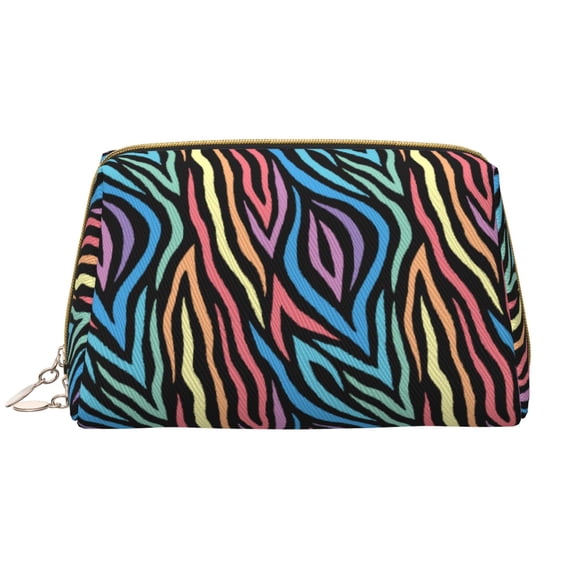 Abstract Colorful Lines Makeup Bag, Large Capacity Travel Cosmetic Bag for Women Girls- Travel Toiletry Bag Leather Portable Waterproof Makeup Case Organizer with Handle