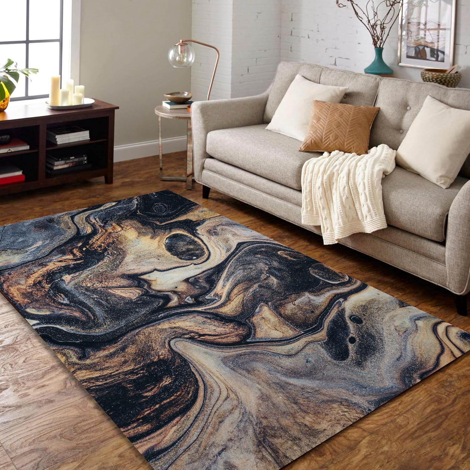 Abstract Colorful Marble Ultra-Thin Washable Area Rug,Black Glitter ...