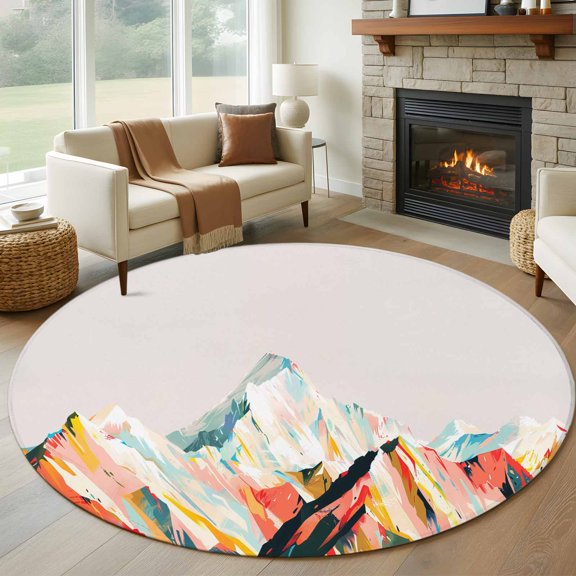 Abstract Colorful Natural Scene Mountain Round Rug 5ft Modern Watercolor Snow Hill Washable Area Rugs for Living Room Bedroom Entryway Non Slip Entrance Door Mat Indoor Floor Carpet