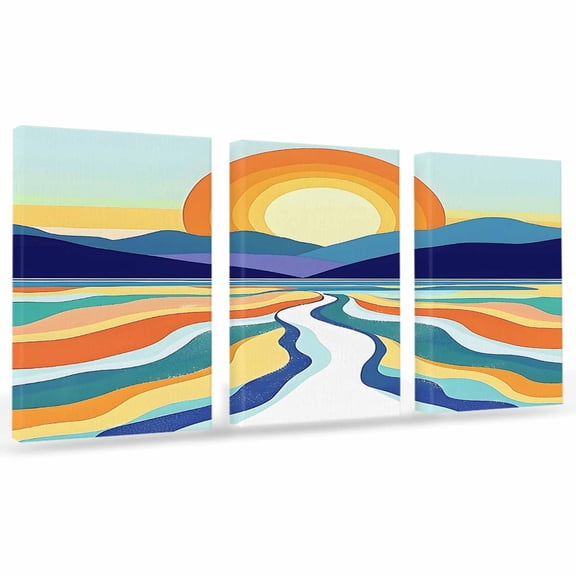 Abstract Colorful Ocean Sun Canvas Wall Art 3 Panels, Modern Art Framed Wall Decor Modern Artwork Prints Painting for Living Room, Bedroom, Kitchen & Cafe Decor 12" x 16"