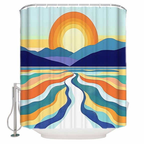 Abstract Colorful Ocean Sun Shower Curtain, 36" x 72", Modern Art Waterproof Bathroom Curtain Washable Shower Curtain Set with 12 Hooks