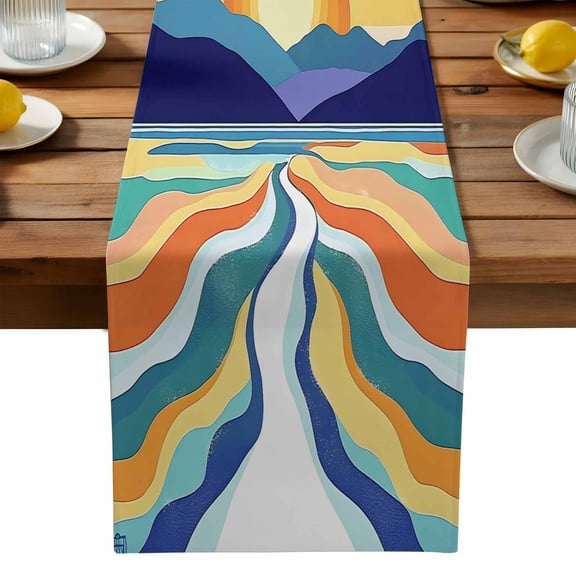 Abstract Colorful Ocean Sun Table Runner, Modern Art Kitchen Table Runners Dress Scarves for Table Decorations Party/Restaurant/Indoor Outdoor Use, 13x72in