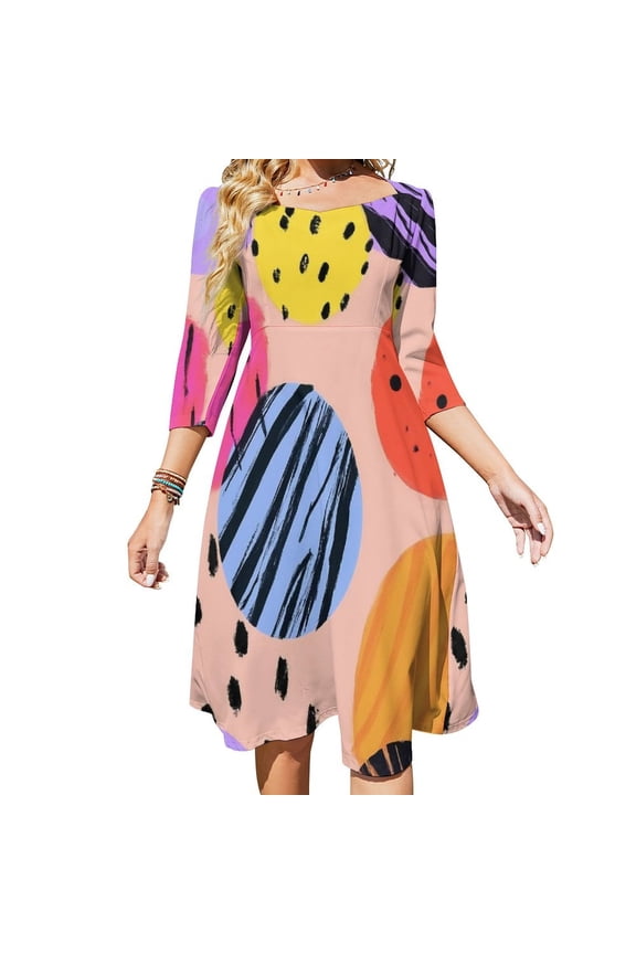 Abstract Colorful Patterned Circles Flare Dress Square Neck Dress Elegant Female Fashion Printed Dress