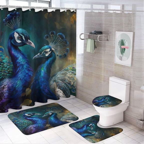 Abstract Colorful Peacock 4 Pcs Shower Curtain set Bathroom Set Beautiful Flower Peacock Blue Feathers Shower Mat Shower Curtain with Rug 12 Hooks,72" W x 72" L