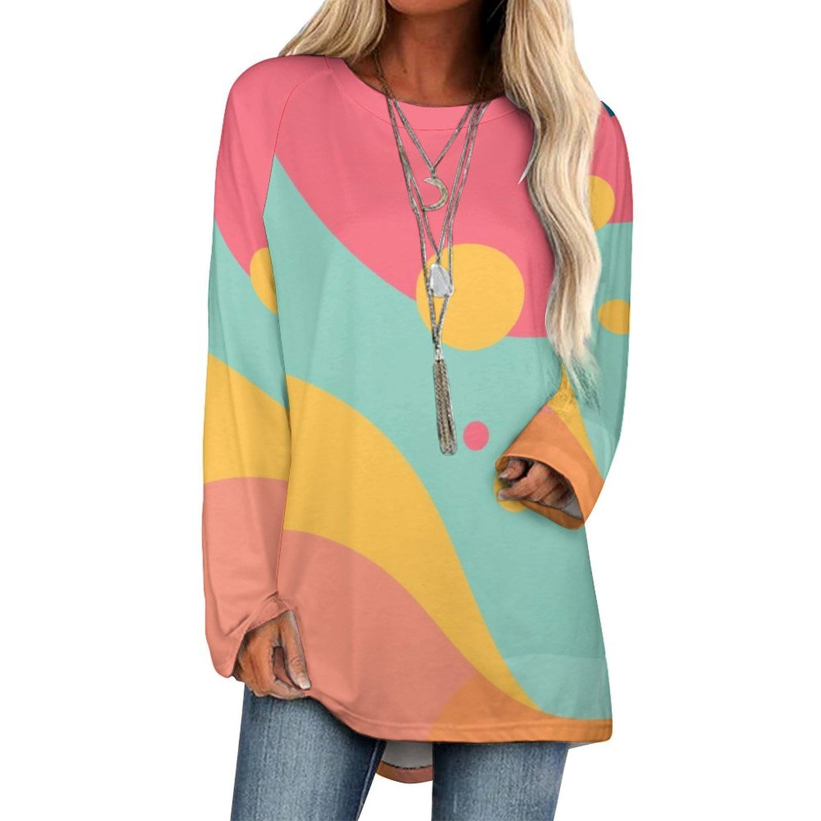 Colorful Tees Abstract Colorful Shapes 3D Print Women Long Sleeve T Shirt Oversized ...