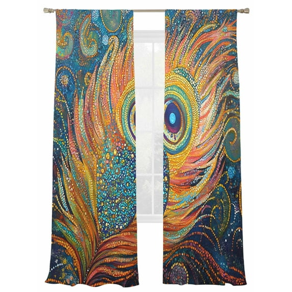 Abstract Colorful Sheer Curtains for Living Room Bedroom, Light-filtering Sheer Curtain, Peacock Feather Diamond Art Rod Pocket Voile Window Treatment Drapes, 52’’Wx84’’L, 2 Panels Set