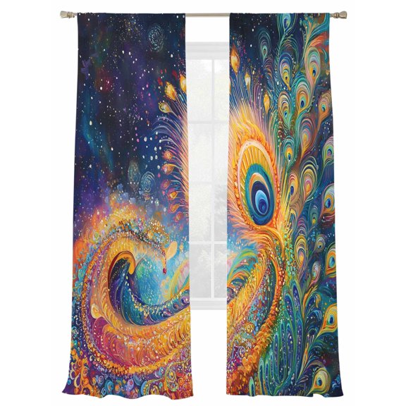 Abstract Colorful Sheer Curtains for Living Room Bedroom, Light-filtering Sheer Curtain, Peacock Feather Gradient Universal Rod Pocket Voile Window Treatment Drapes, 52’’Wx108’’L, 2 Panels Set