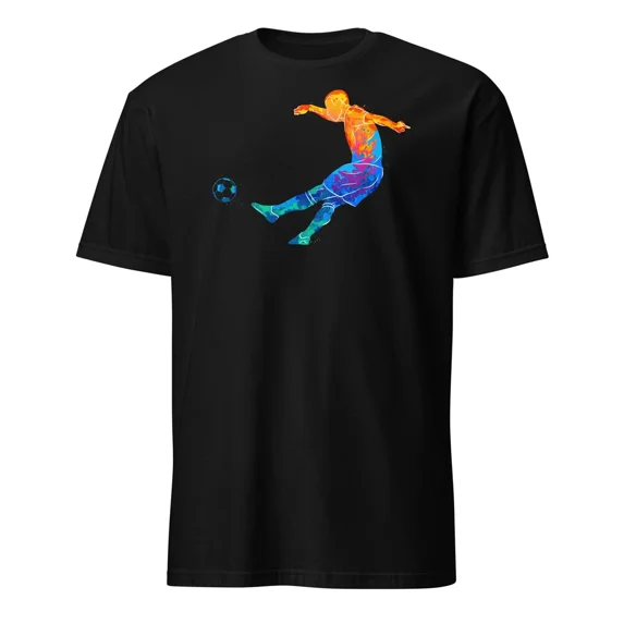 Abstract Colorful Silhouette Soccer Player Quick Shooting Ball Design Unisex T-Shirt, up to Size 5XL