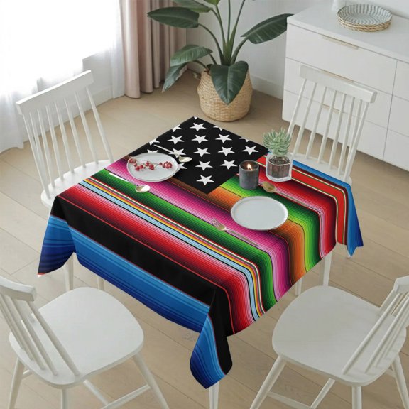 Abstract Colorful Stripe White Star Table Cloth 54x54in, Waterproof Square Tablecloth Wipeable Tablecloths Independence Day USA Flag Table Covers for Dining Tables Party Indoor Outdoor
