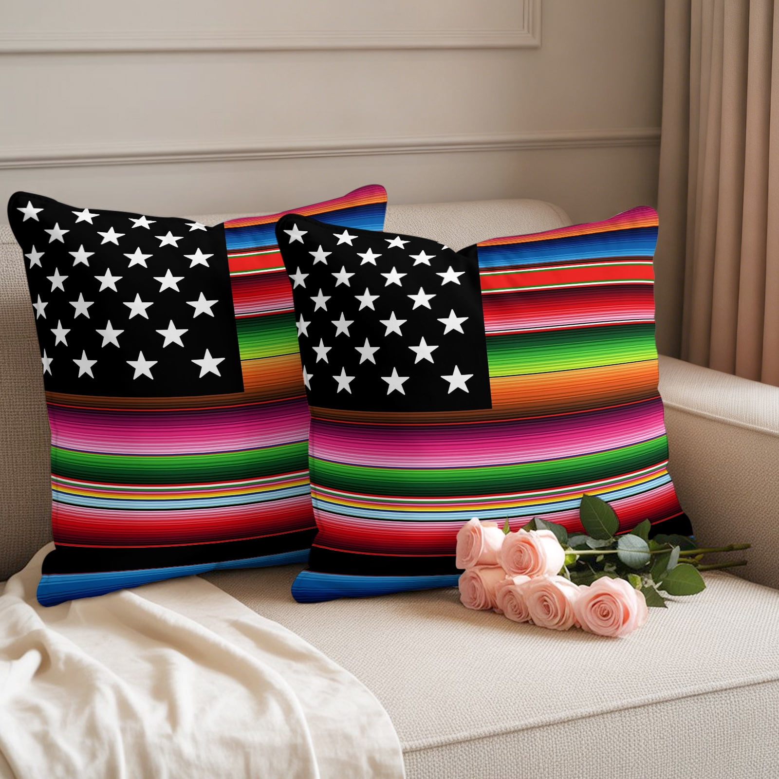 Abstract Colorful Stripe White Star Waterproof Throw Pillow Covers Set ...