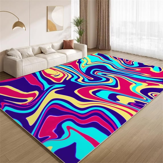 Abstract Colorful Stripes Area Rugs, Vintage Multi Wave Carpet, Non Slip Low Pile Washable Indoor Rug for Living Room Bedroom Gameroom Study Office Entrance Foyer 4x6ft