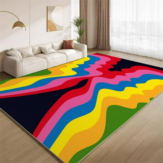 Abstract Colorful Stripes Area Rugs, Vintage Multicolor Wave Carpet, Machine Washable Non Slip Low Pile Rug for Living Room Bedroom Study Office Entrance Foyer 5x6ft