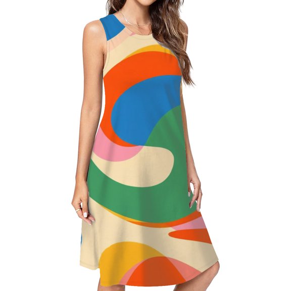 Abstract Colorful Swirling Artwork Design Spring Summer Dresses For Women Fashion Dress Casual Sleeveless Loose Sundress With Pockets
