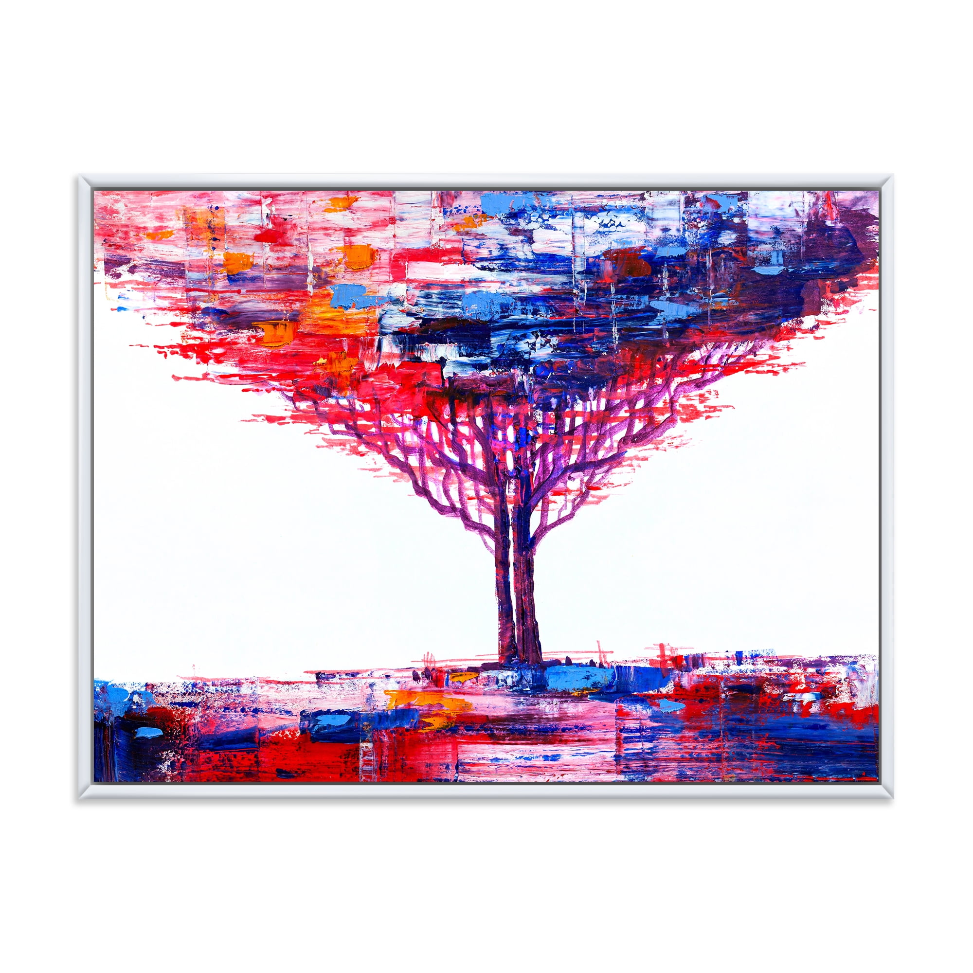 Abstract Colorful Tree Impressionist On A White 32 in x 24 in Framed Painting Canvas Art Print, by Designart