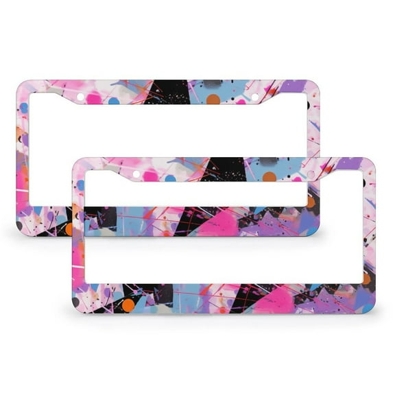Abstract Colorful Triangles Pink Black License Plate Cover 2 PCS Modern Colorful Triangle License Plate Frame License Plate Shield Frame Fits All Car 2 Hole Metal License Plate Frame