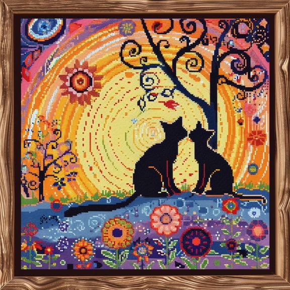 Abstract Colorful Two Black Cats in Flower Tree DIY 11CT Stamped Cross Stitch Kits for Beginners Easy Needlepoint Embroidery Counted Cross Stitch Art Craft for Wall Decoration 14x14inch(5)
