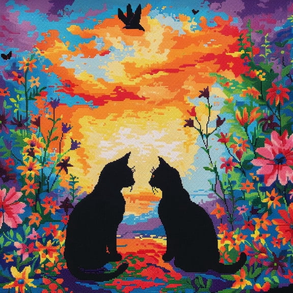 Abstract Colorful Two Black Cats in Flower Tree DIY 11CT Stamped Cross Stitch Kits for Beginners Easy Needlepoint Embroidery Counted Cross Stitch Art Craft for Wall Decoration 14x14inch(1)