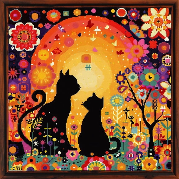 Abstract Colorful Two Black Cats in Flower Tree DIY 11CT Stamped Cross Stitch Kits for Beginners Easy Needlepoint Embroidery Counted Cross Stitch Art Craft for Wall Decoration 14x14inch(4)