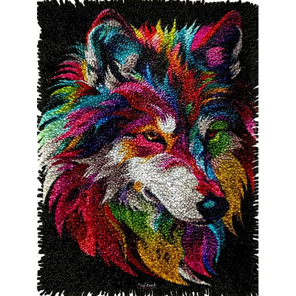 Abstract Colorful Wolf Portrait Latch Hook Kits Rug Crochet Yarn Pre-Printed Cushion Embroidery Needlework Carpet Cover DIY Hook and Latch Kit Tapestry Christmas Decor 38x52cm(2)