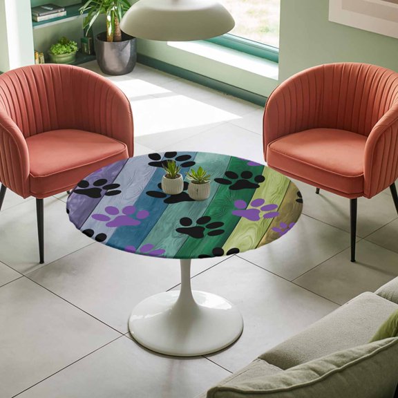 Abstract Colorful Wood Grain Round Fitted Tablecloth with Elastic Edge,Waterproof Table Cloth Fits Tables Up to 36"-44",Washable Table Cover for Indoor Outdoor,Black Purple Animal Footprints