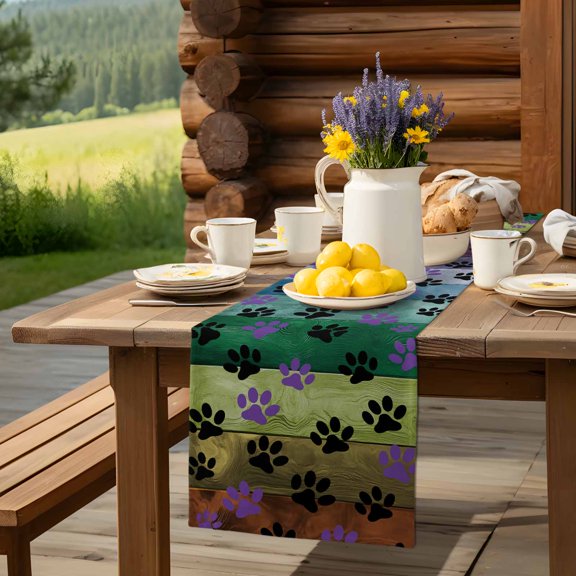 Abstract Colorful Wood Grain Table Runner 13x72in Non-Slip Cotton Linen Table Runners, Black Purple Animal Footprints Dresser Scarves TableRunner for Dinner Kitchen Dining Wedding Party