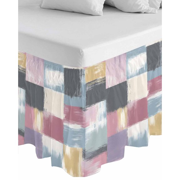 Abstract Colorful Wrap Around Bed Skirts for King Bed 16" Drop,Bed Skirt with Adjustable Elastic Belt Dust Ruffle Bed Valance for Bedroom Hotel Modern Geometric Grunge Art Ombre Bed Frame Cover