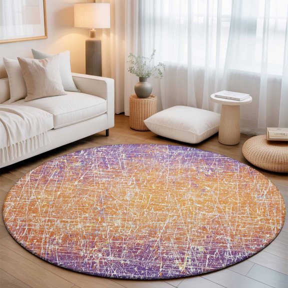Abstract Colors Washable Round Area Rug 3 ft, Purple Orange Clouds Mist Matte Texture, Soft Non Slip Rugs Stain Repellent Indoor Felt Carpet for Living Dining Room Bedroom Home Office