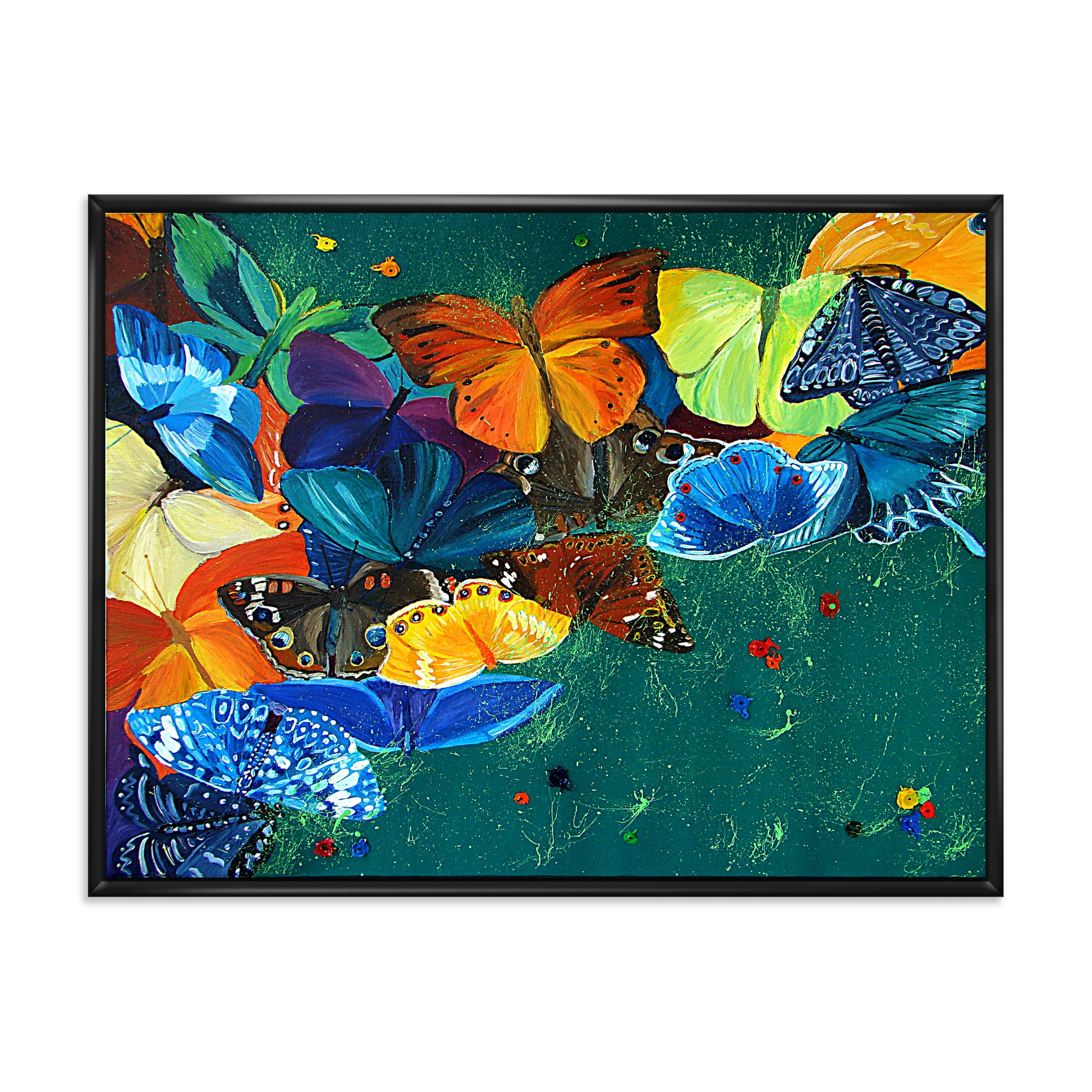Abstract Colour Butterflies On A Gree 40 in x 30 in Framed Painting Canvas Art Print, by Designart